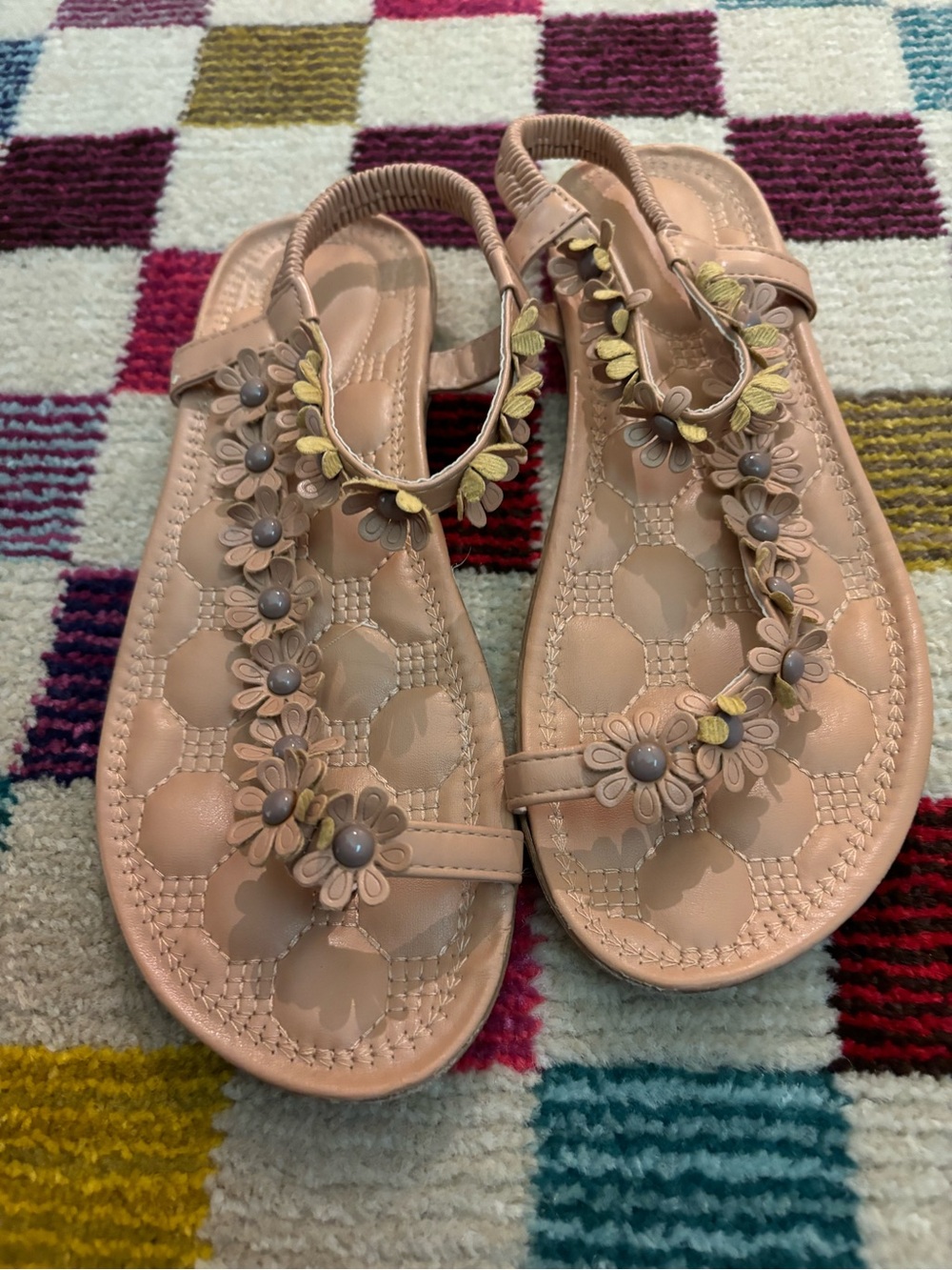 Women’s Nude Floral T-Strap Sandals - Comfortable Casual Style